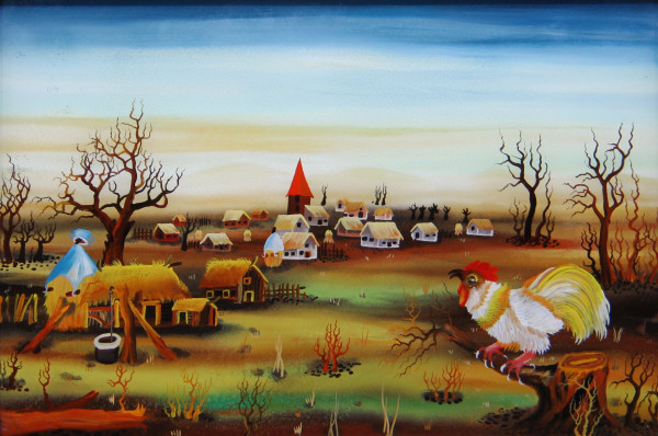 Hinterglasmalerei Naive Kunst DORFANSICHT signiert 1979