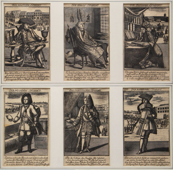 Johann Georg Puschner / Dendrono (1680–1749) 6 studentische Kupferstiche Altdorf Nürnberg 1725