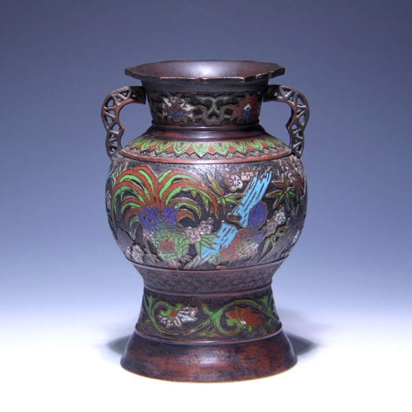 Japanese Bronze Champleve Vase with Cock and Hens - Meiji - Early 20th. C.
