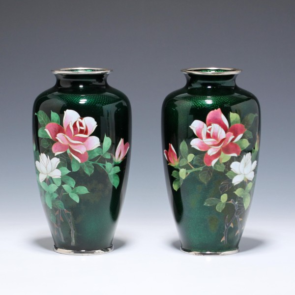 Pair of Mirrored Japanese Ginbari Cloisonne Roses Vases - early 20th C.