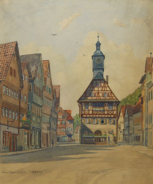 Seemann, Rudolf (1906-1977) Gouache KÜNZELSAU RATHAUS datiert 1946