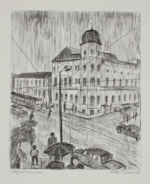 Brennigk, Heinz (1925–2016) signierte Lithografie SCHIFFFAHRTSMUSEUM ROSTOCK