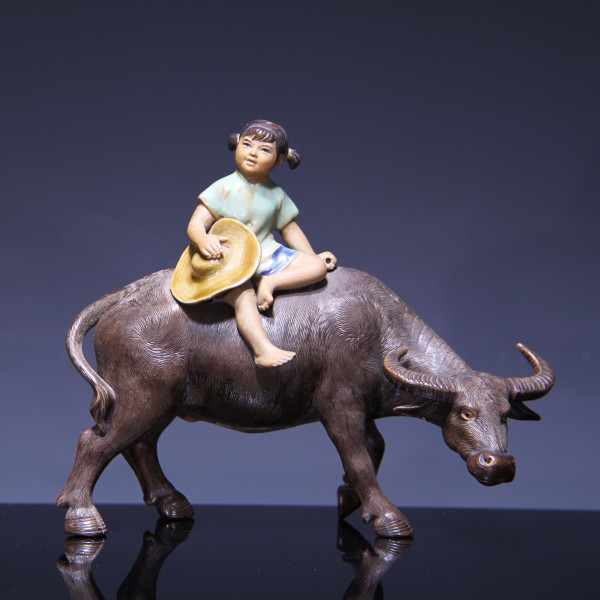 Porcelain Figurine Girl Riding A Water Buffalo - Shiwan, China 20th Century