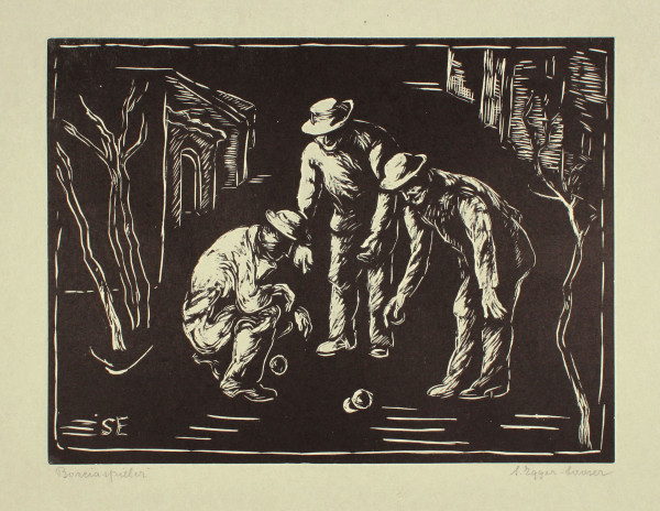 Egger-Looser, Sophie (1879–1969) Holzschnitt BOCCIASPIELER 1956