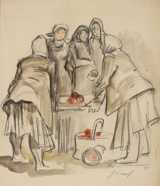 Tuckermann, Geert (1915-1989) Aquarellierte Zeichnung Marktfrauen in GOMEL 1943