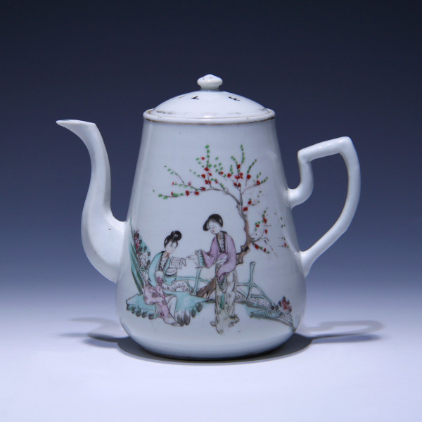Chinese Porcelain Tea Pot with Garden Scene and Calligraphy - Early 20th C.