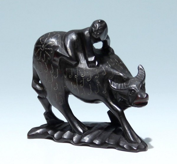 Chinese Wood Carving BOY ON OX with Metal Inlay