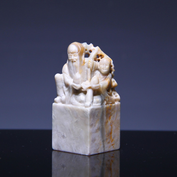 Chinese Soapstone Seal with Lohan and Disciple - 20th Century