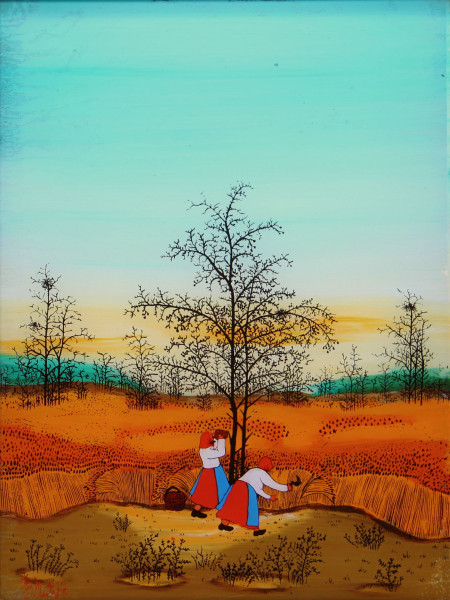 Matejic, J. - Naive Kunst Hinterglasmalerei ERNTE circa 1979