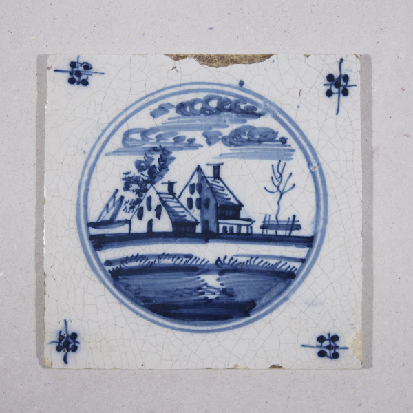 Delft Fliese mit Blaumalerei - Tegel Niederlande HÄUSER- 18. Jh. #22490