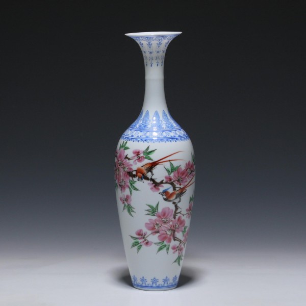 Chinese Famille Rose Eggskin Porcelain Vase with Birds - 1980s