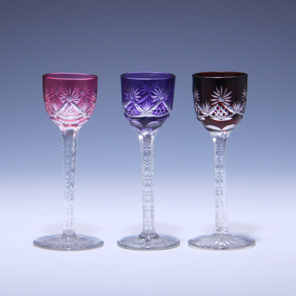 3 Kristall Überfanglikörgläser 1920/30er Jahre - 12,5 cm