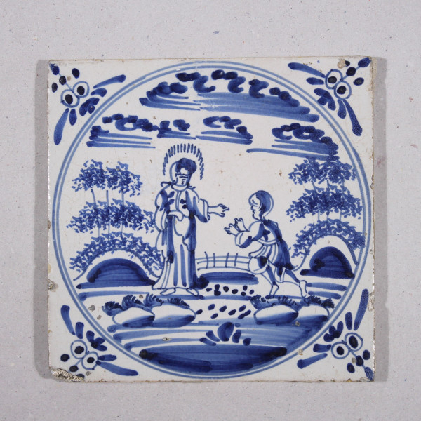 Delft Fliese mit Blaumalerei - Tegel Niederlande Bibelmotiv - 18. Jh. #22480
