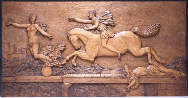 Antikisierende Holzschnitzerei signiert E.-A. HAMBORG 1952 - 42 x 80,2 cm