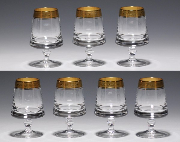 7 Klokotschnik Bleikristall Cognacgläser mit Ätzgoldkante 1970er Jahre-Copy