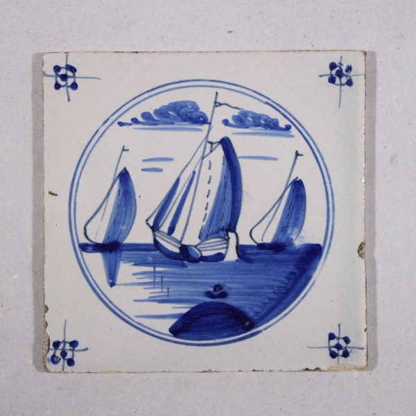 Delft Fliese mit Blaumalerei - Tegel Niederlande BOOTE - 18. Jh. #22484