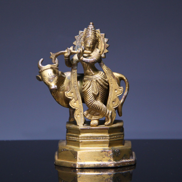 Indian Brass Statue of Hindu Deity Lord Krishna with Nandi - 2nd Half of 20th. Century