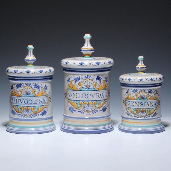 3 Keramik Albarelli Apothekengefäße - Deruta, Italien 2. H. 20. Jh.