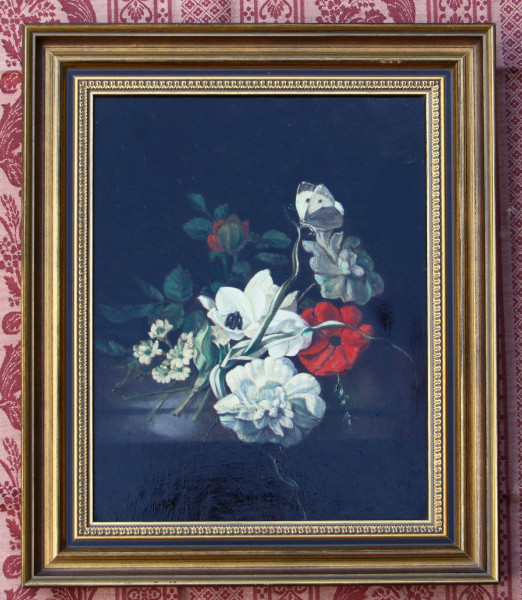 - Ölgemälde - BLUMENSTILLEBEN MIT KÄFER UND SCHMETTERLING - 2. Hälfte 20. Jh.