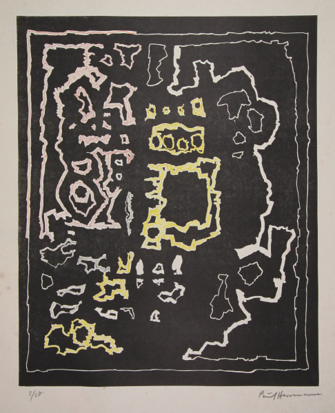 Herrmann, Paul (1914-1987) signierter Linolschnitt FORM AUF SCHWARZEM GRUND 1970