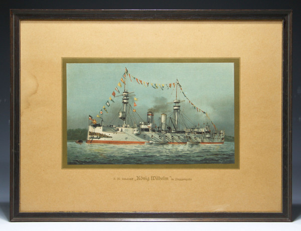 S.M. Schulschiff KÖNIG WILHEM in Flaggengala - Chromolithografie um 1910