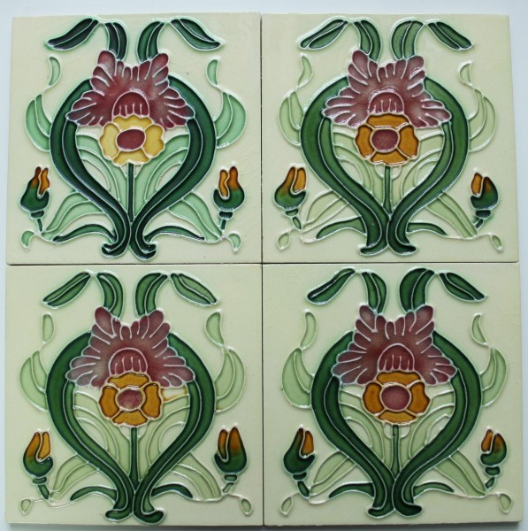 4 Jugendstil Wandfliesen Repliken mit Blume 15,3 x 15,3 cm