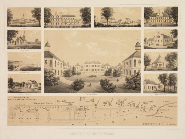 Großes Souvenirblatt BOLTENHAGEN Schloss BOTHMER Hotels Post circa 1845