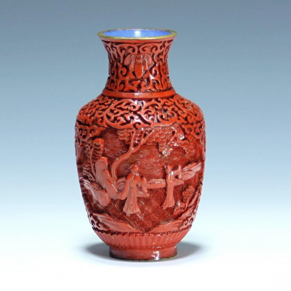 Chinese Cinnabar Lacquer Vase Scolars in Landscape - 13,2 cm - Varnished