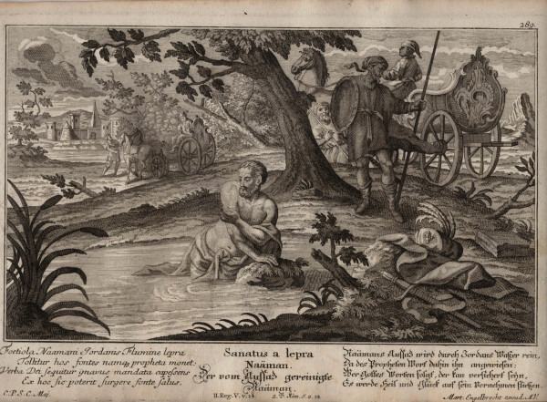 DER VOM AUSSAS GEREINIGTE NAÄMAN Kupferstich #289 bei Martin Engelbrecht um 1740