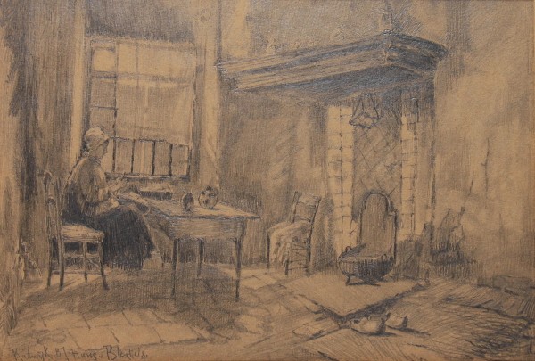 Hans von Bartels (1856-1913) Bleistiftzeichnung INTERIEUR - Katwijk, Niederlande 1887