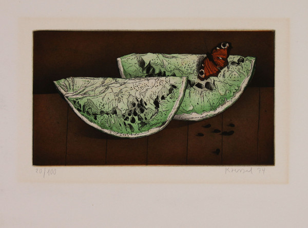 Kressel, Diether (1925-2015) signierte Aquatintaradierung MELONE UND FALTER - 1974