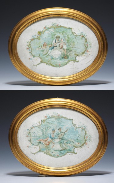 Paar bedruckte Seidenbilder mit Watteau-Szenen