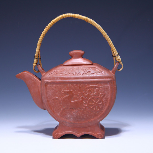 Yixing Zisha Teapot with Chariot and Calligraphy - 20th C