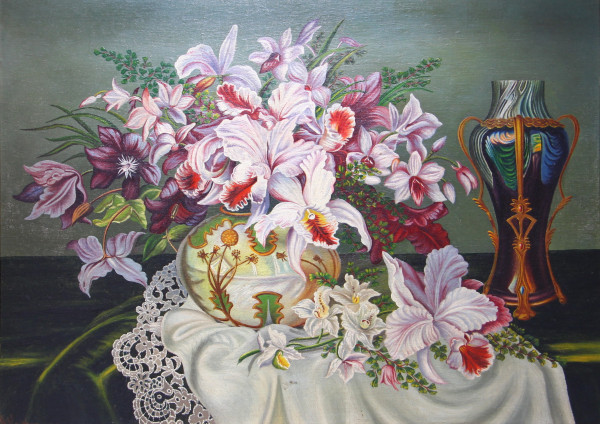 Walther, W. Ölgemälde JUGENDSTIL GLASVASEN MIT BLUMEN datiert 1946