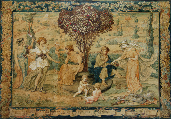 Monogrammierte Historismus Gouache mit Allegorien zur Kunst in Gobelin-Optik - circa 1880