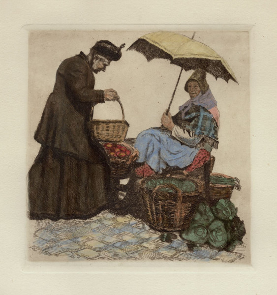 AACHENER MARKTFRAU - handkolorierte Radierung um 1920