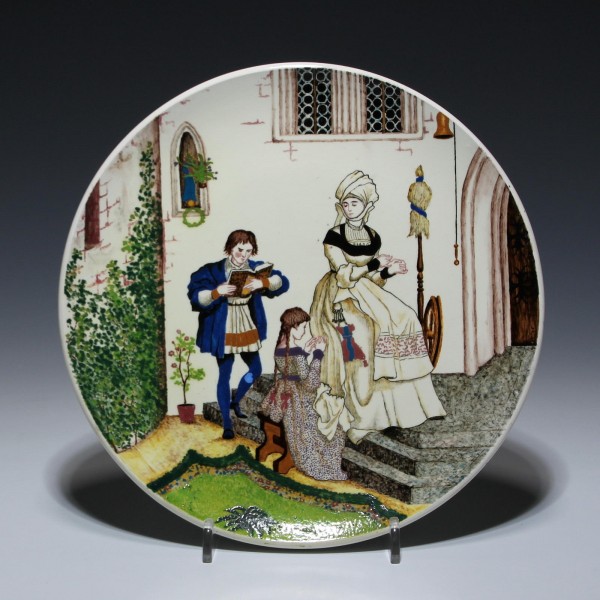 Jugendstil Keramik Wandteller mit handgemalter spätmittelalterliche Szene