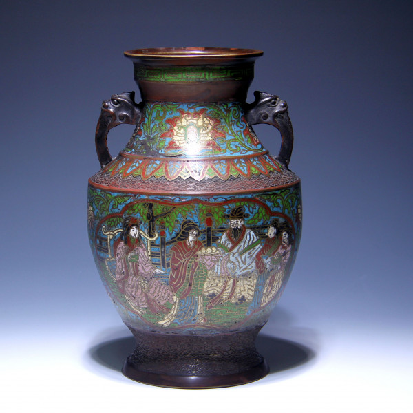 Japanese Bronze Champleve Vase with Garden Scene - Meiji - Early 20th. C.