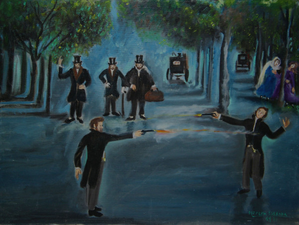 Estrada, Mari Pepa (1905-1997) Ölgemälde DUELL UNTER CABALLEROS - signiert 1971