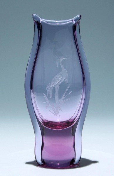 Alexandrit Vase mit Reiher Motiv Miloslav Klinger ZBS Bohemia Cristal