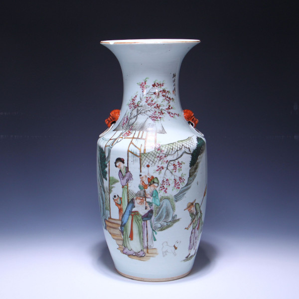 Chinese Porcelain Floor Vase with Garden Scene and Calligraphy - 20th C. - 42,8 cm