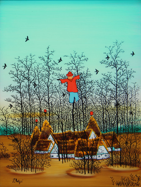 Matejic, J. - Naive Kunst Hinterglasmalerei VOGELSCHEUCHE circa 1979